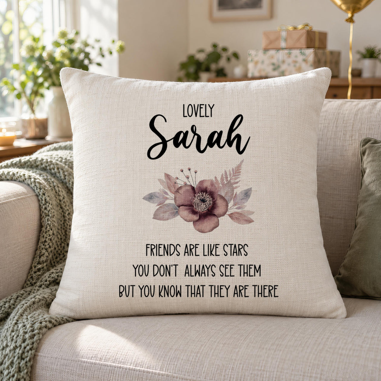 Cream cushion on a sofa, 'Lovely Sarah', a watercolour flower, 'Friends are like stars' quote - personalised cushion cover