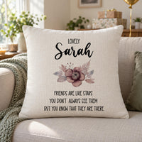Cream cushion on a sofa, 'Lovely Sarah', a watercolour flower, 'Friends are like stars' quote - personalised cushion cover