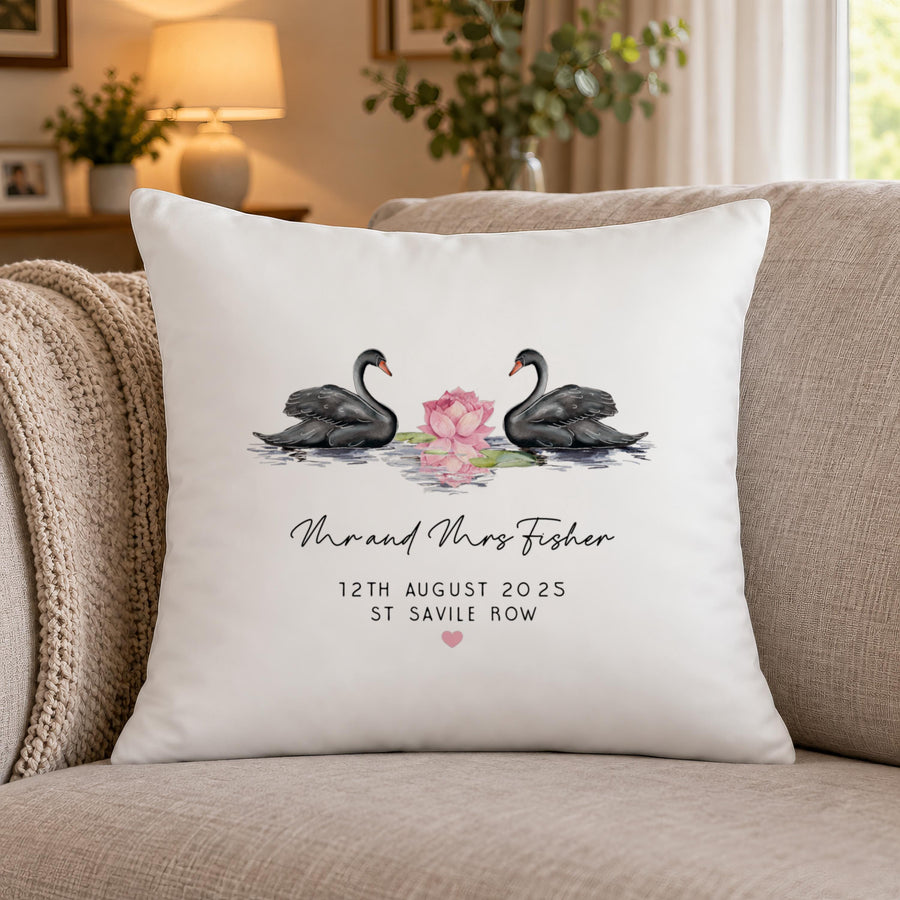 Personalised Black Swans Couple Cushion - photo of the finished product