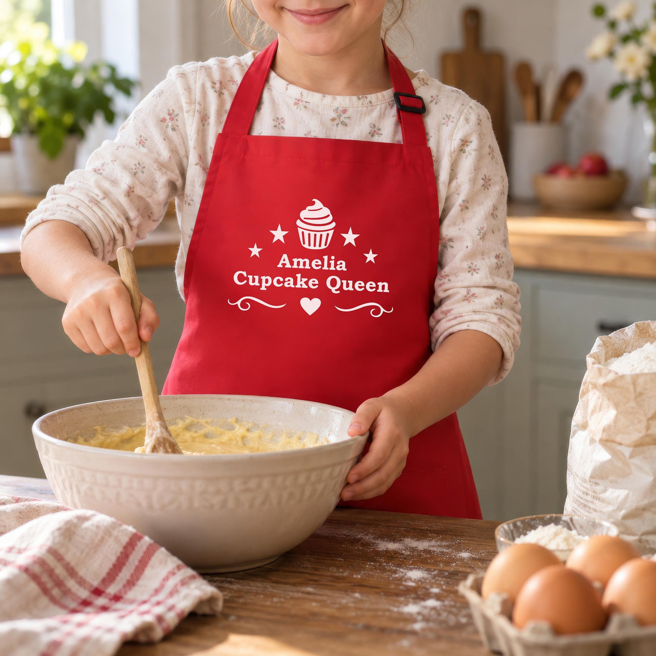 Red child's apron with white 'Amelia Cupcake Queen' design, girl mixing cake batter - personalised apron