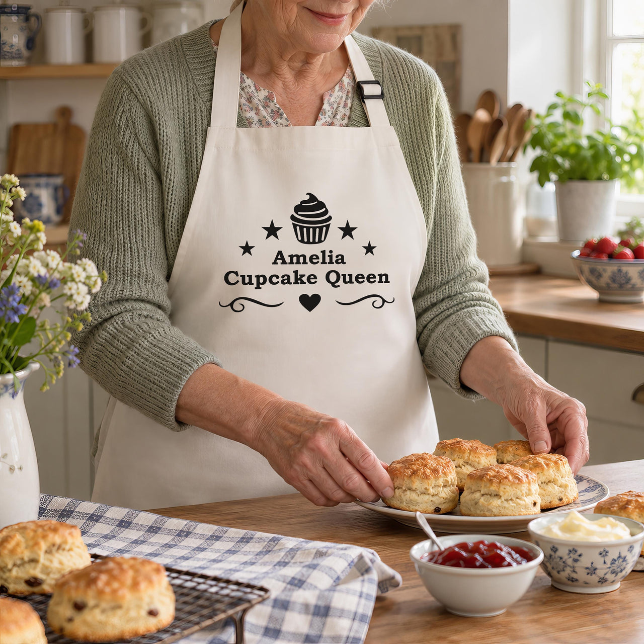 Natural cream apron with black cupcake design and 'Amelia Cupcake Queen', plate of scones - personalised apron