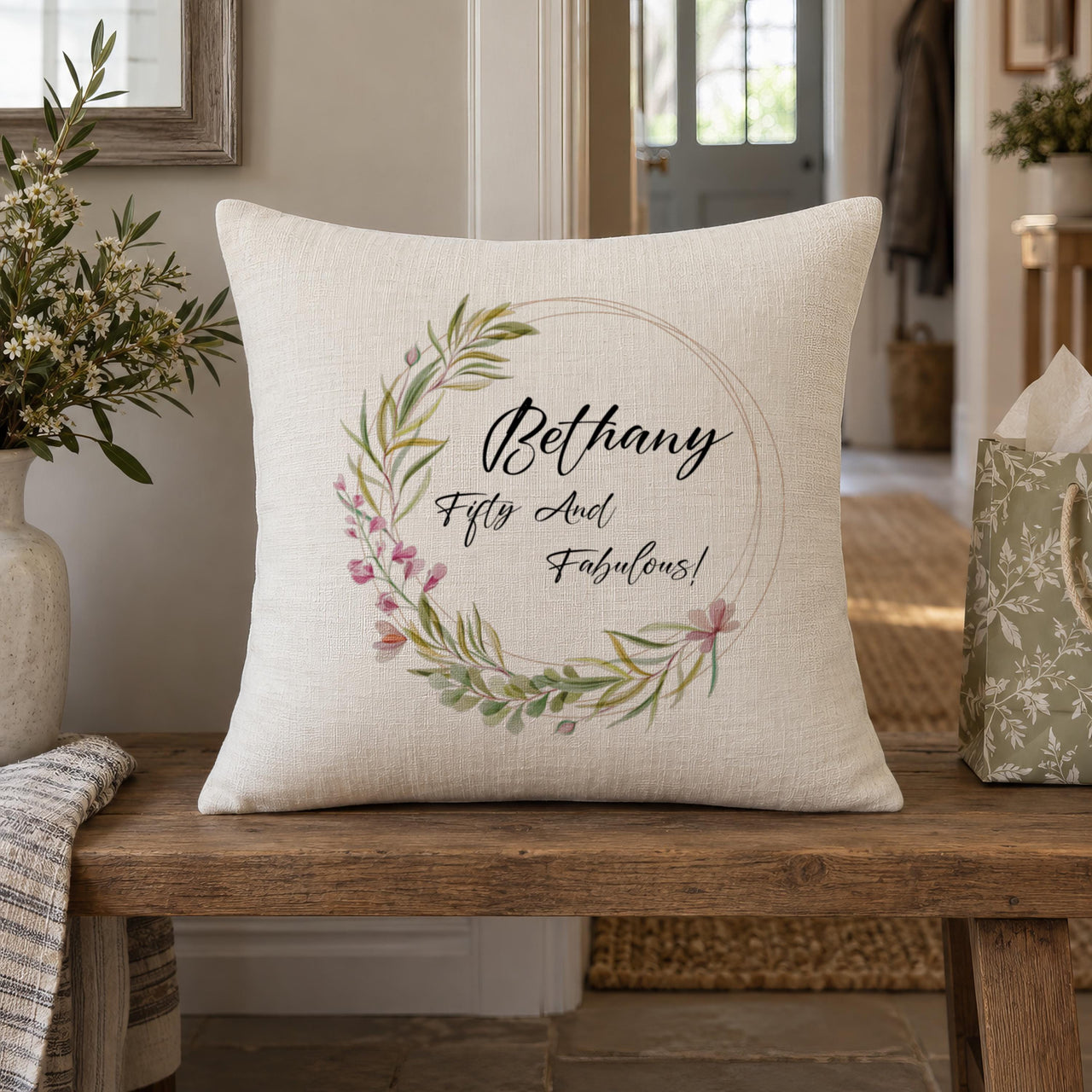 Personalised Floral Wreath 50th Cushion