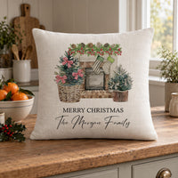 Linen-look cushion on a worktop with watercolour fireplace, 