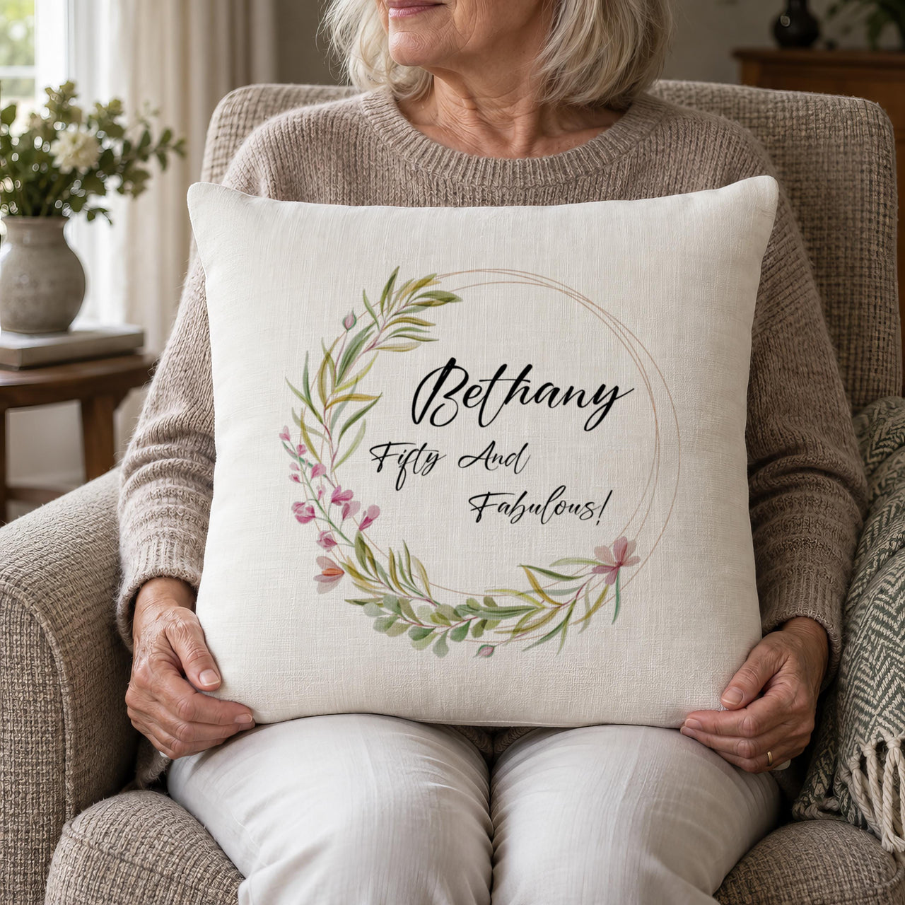 Personalised Floral Wreath 50th Cushion