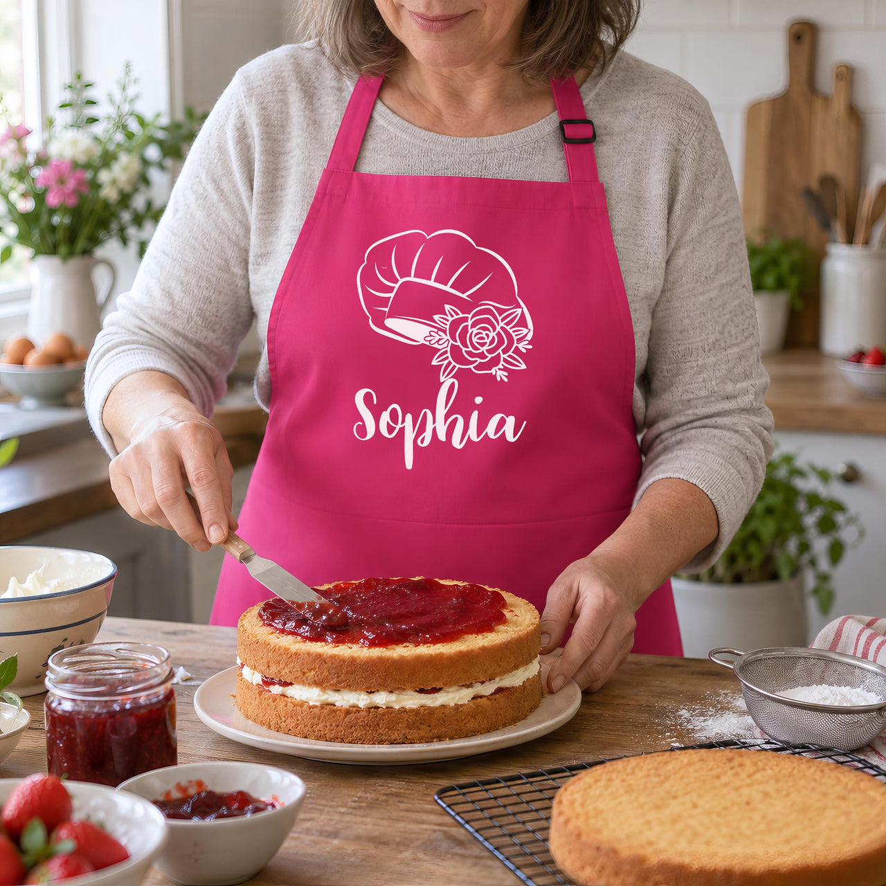 Woman in a pink apron with chef hat, rose and "Sophia" spreading jam on a sponge cake - personalised apron