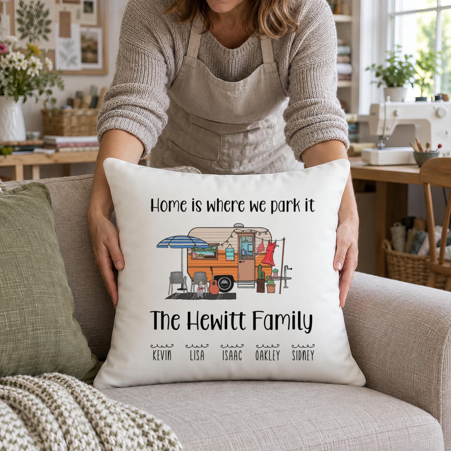 Personalised Caravan Family Cushion, Surname and Names Added - photo of the finished product