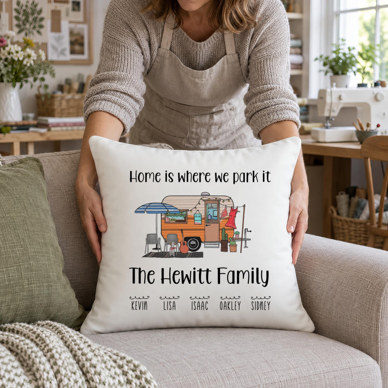 Personalised Caravan Family Cushion