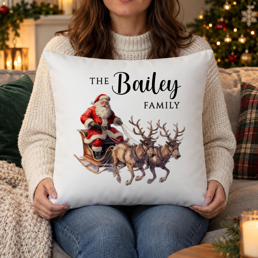 Personalised Family Christmas Cushion, Vintage Santa Sleigh - photo of the finished product