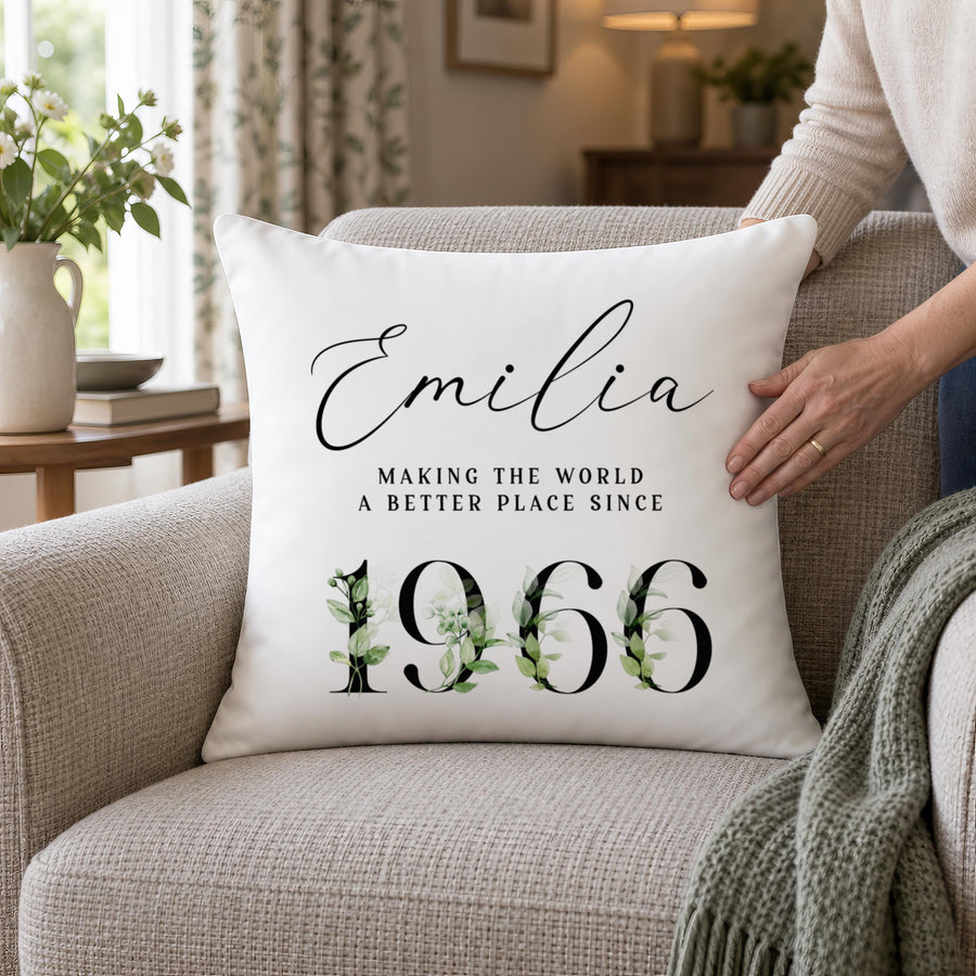 Personalised Milestone Birthday Cushion, Name and Year Added - photo of the finished product
