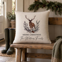 Linen cushion with a watercolour stag wreath, 