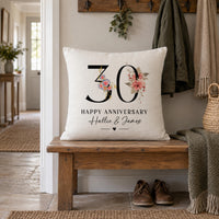 Linen-look floral '30' 'HAPPY ANNIVERSARY' cushion with 'Hallie & James' on a hallway bench - personalised cushion