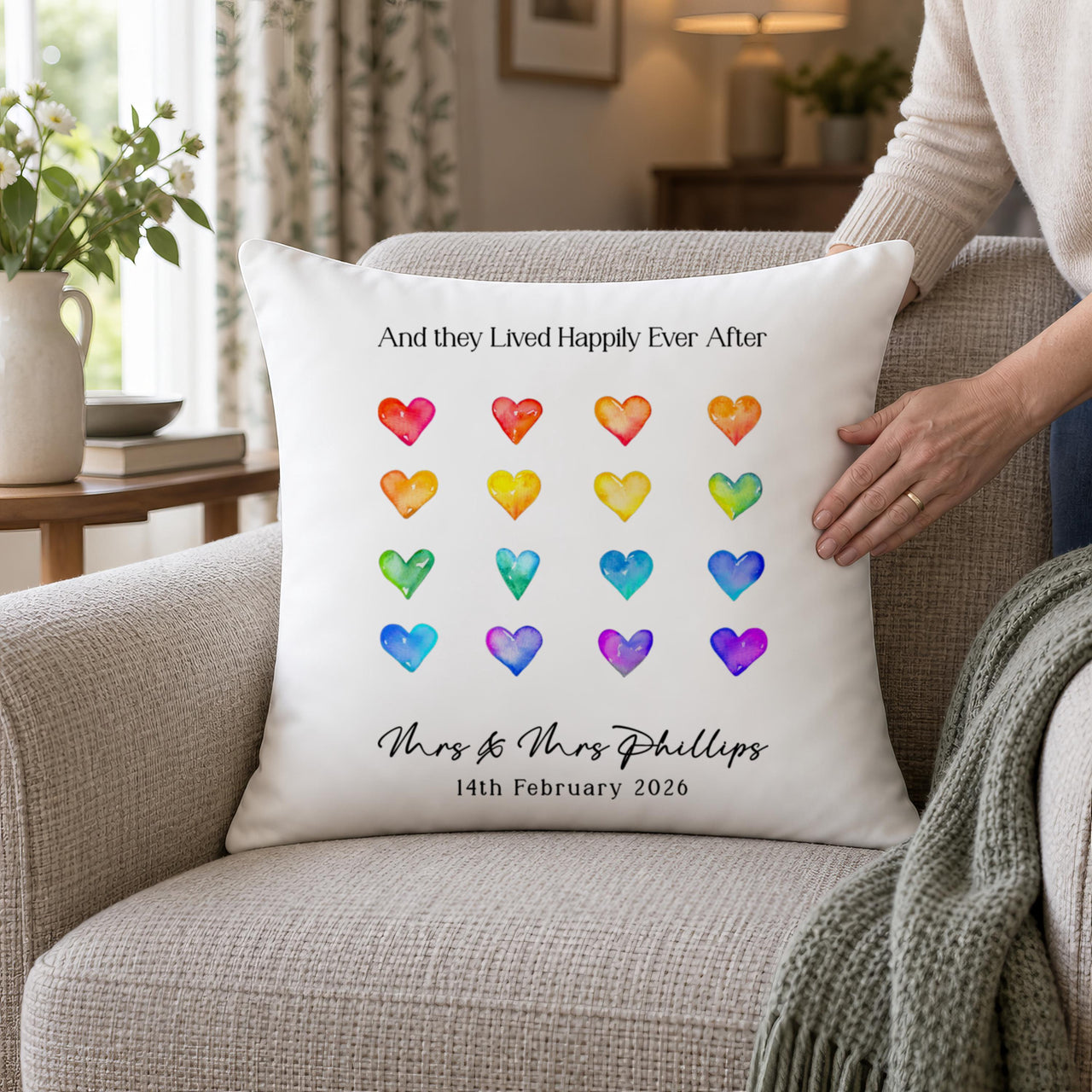 White rainbow hearts cushion 'And they Lived Happily Ever After', 'Mrs & Mrs Phillips' on an armchair - personalised cushion