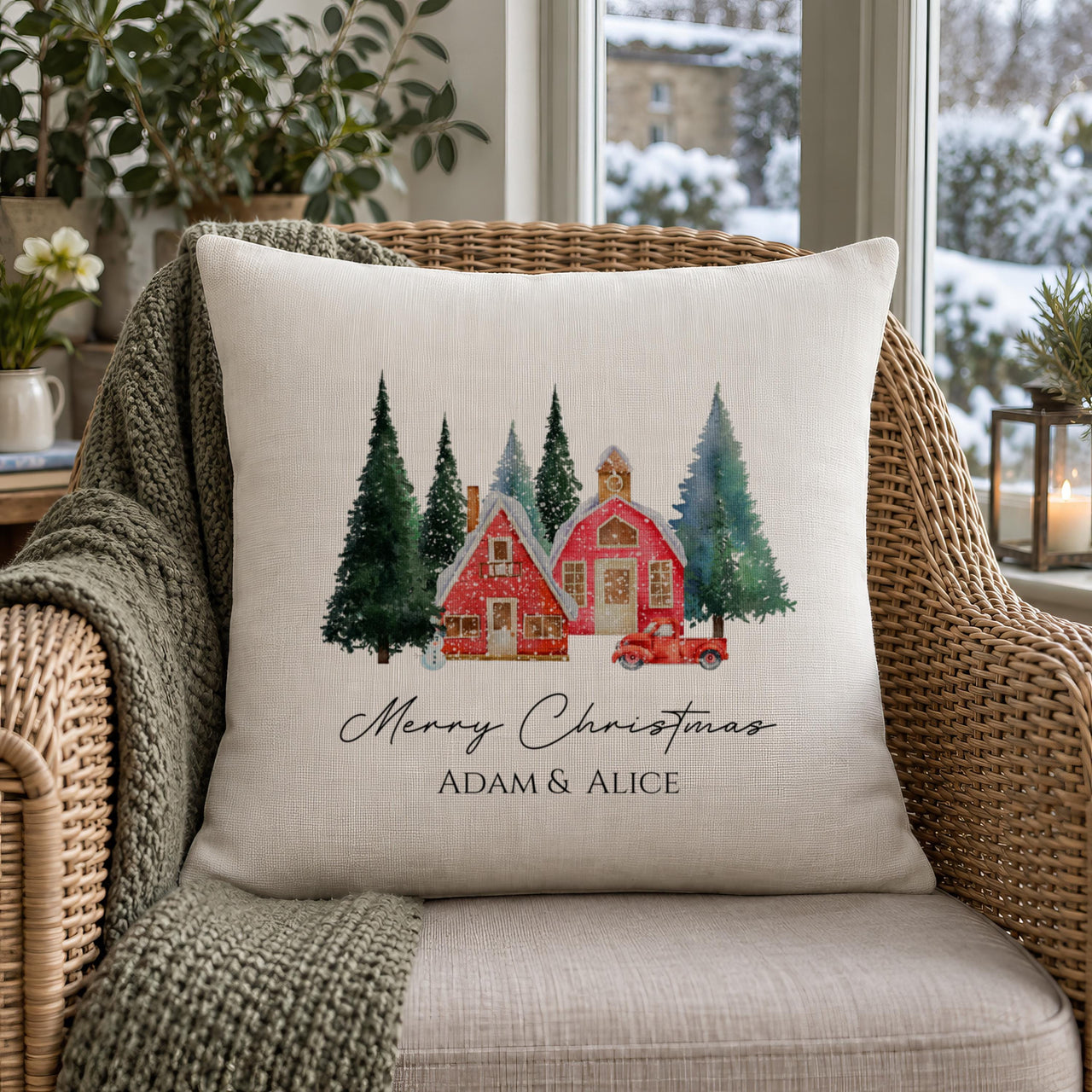 Cream cushion with red winter houses, pine trees and red truck, 'Merry Christmas' and 'ADAM & ALICE' - personalised cushion