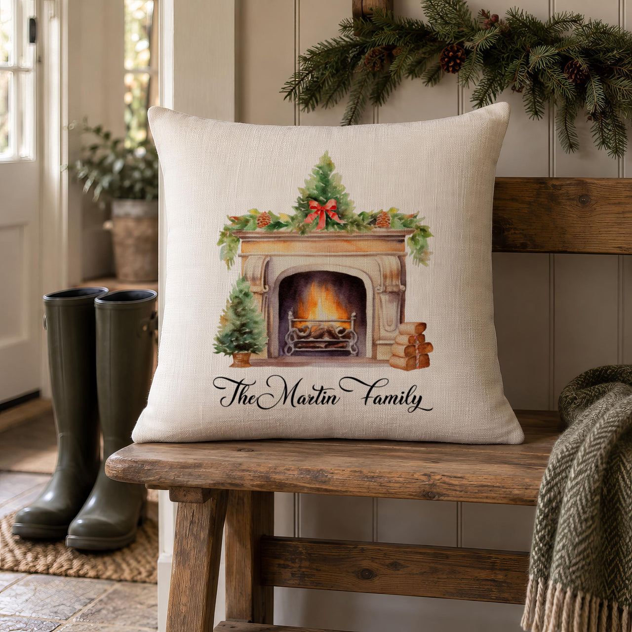 Linen-look cushion with watercolour fireplace, Christmas tree and 'The Martin Family' on a hall bench - personalised cushion