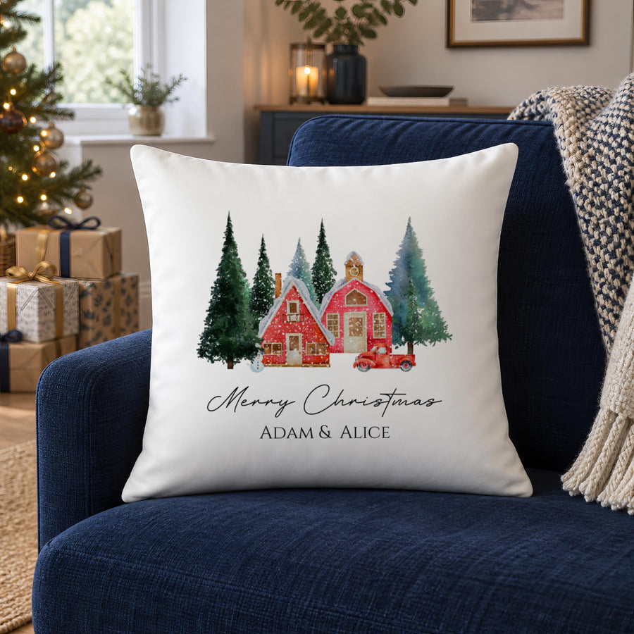 Personalised Red Winter House Cushion - photo of the finished product