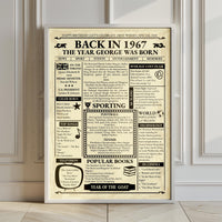 Large white framed Back in 1967 poster leaning against a panelled wall on a wooden floor