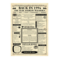 Back in 1994 gazette style birthday print shown flat without a frame, aged paper look with name headline