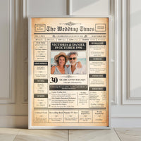 Large white framed 30th anniversary newspaper style print leaning against a panelled wall on a wooden floor