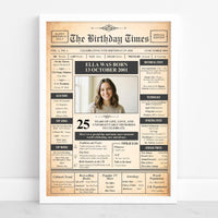 White framed 25th birthday front page print with a smiling woman photo, her name and birth date