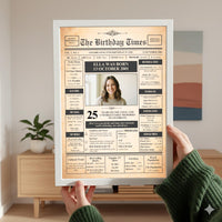 Person in a green jumper holding a white framed 25th birthday front page print in a living room