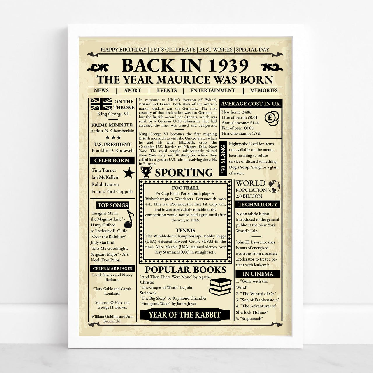Personalised 1939 newspaper print in a white frame against a white wall, showing name and year headline