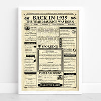 Personalised 1939 newspaper print in a white frame against a white wall, showing name and year headline