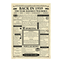 Full view of the 1939 newspaper poster design with news, sport, prices, books and cinema of the year