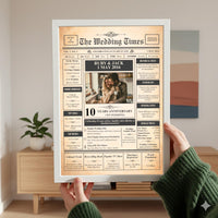 Hands in a green jumper holding a white framed anniversary newspaper print in a living room