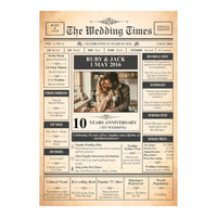 Unframed 10 years anniversary newspaper style poster design with couple photo, names, date and facts from that year