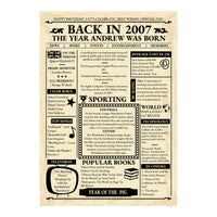 Full view of the 2007 retro newspaper birthday design with name headline, year facts and Year of the Pig banner