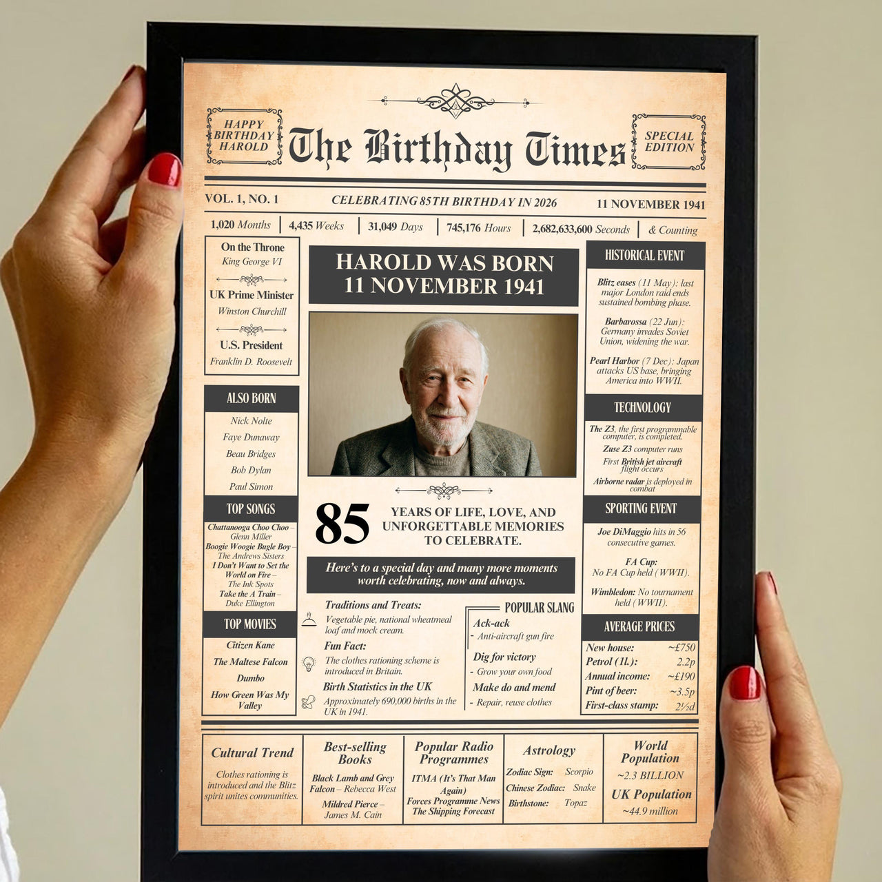 Hands holding a black framed newspaper style birthday print with a portrait photo and birth date headline