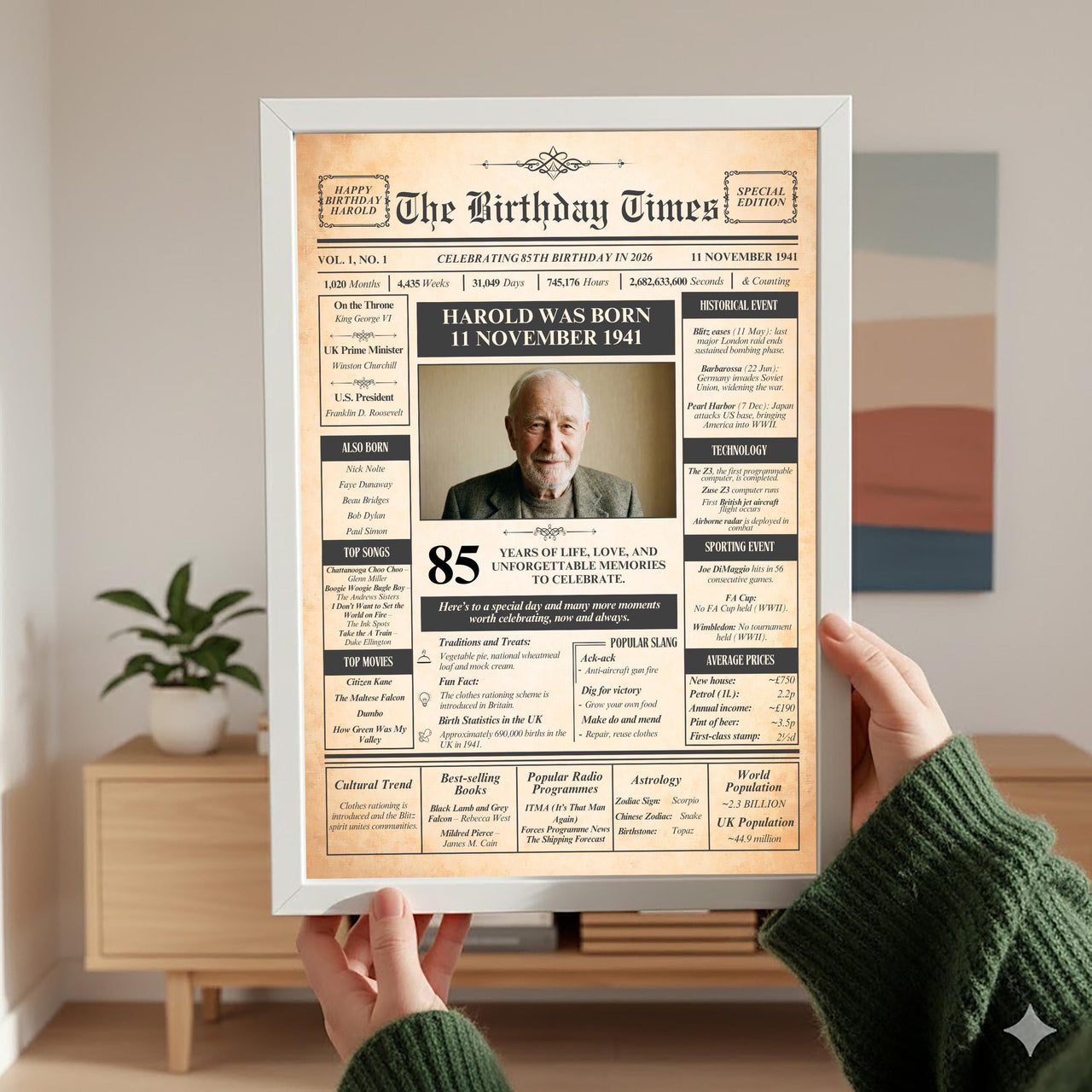 Person holding a white framed vintage birthday front page print in a living room with plant and cabinet