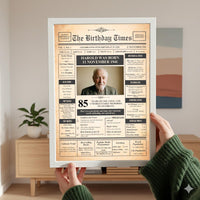 Person holding a white framed vintage birthday front page print in a living room with plant and cabinet