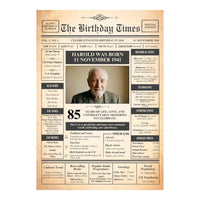 Unframed aged paper newspaper birthday print showing photo, born on date headline and facts from the birth year