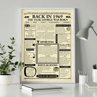 Framed 'Back in 1969' newspaper style birthday poster for George on a white desk beside a plant and lamp