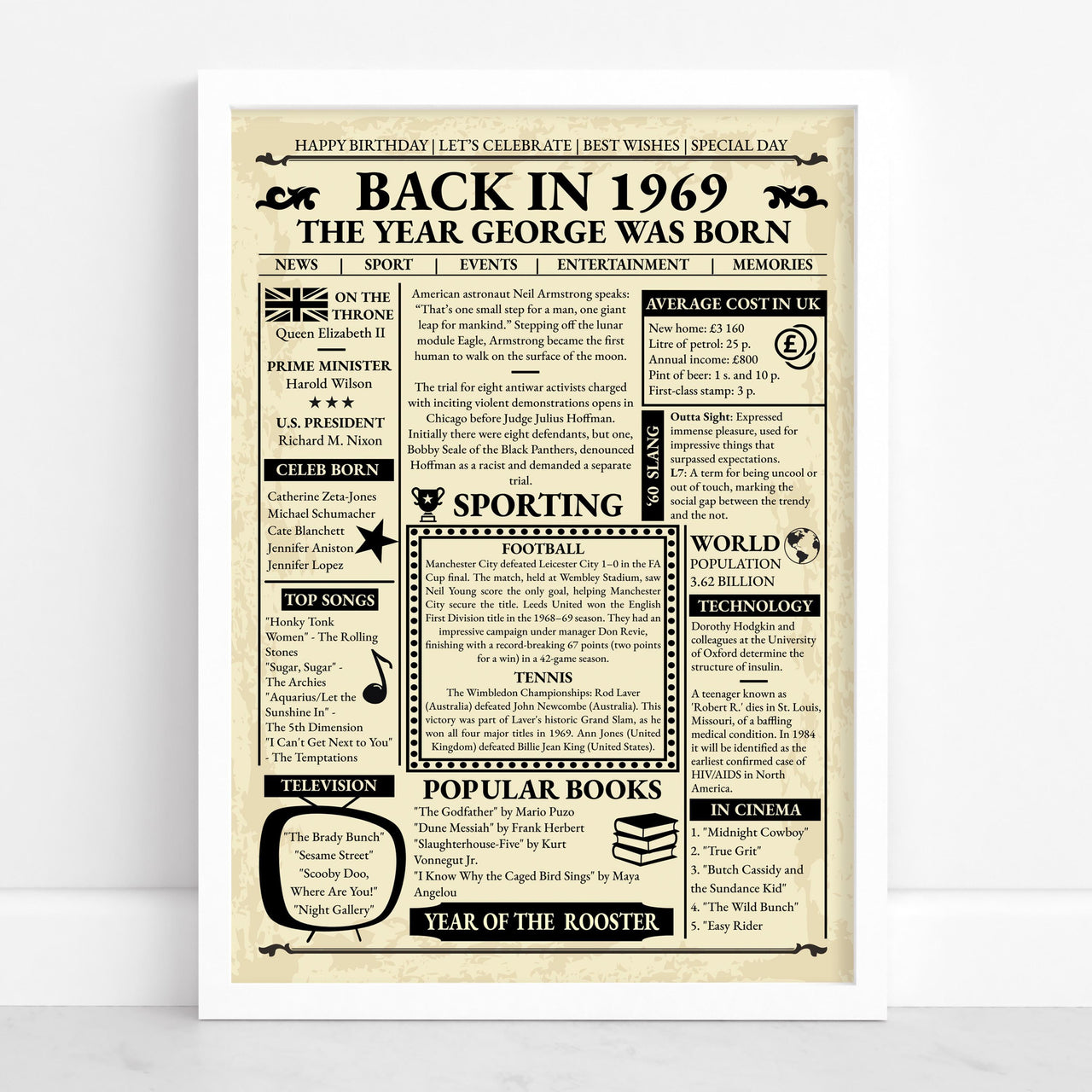 White framed 1969 retro newspaper print reading 'The year George was born' with news, prices and top songs