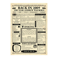 Back in 2009 newspaper poster print without frame: cream page with The Year Andrew Was Born, prices, songs and sport