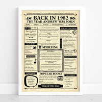 White framed Back in 1982 personalised newspaper poster with average prices, sport, television and cinema facts
