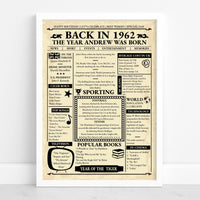 White framed 1962 birth year poster with year facts, top songs, sporting news and popular books