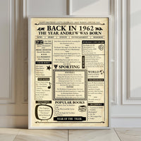 Large framed Back in 1962 poster leaning against a panelled wall on a wooden floor