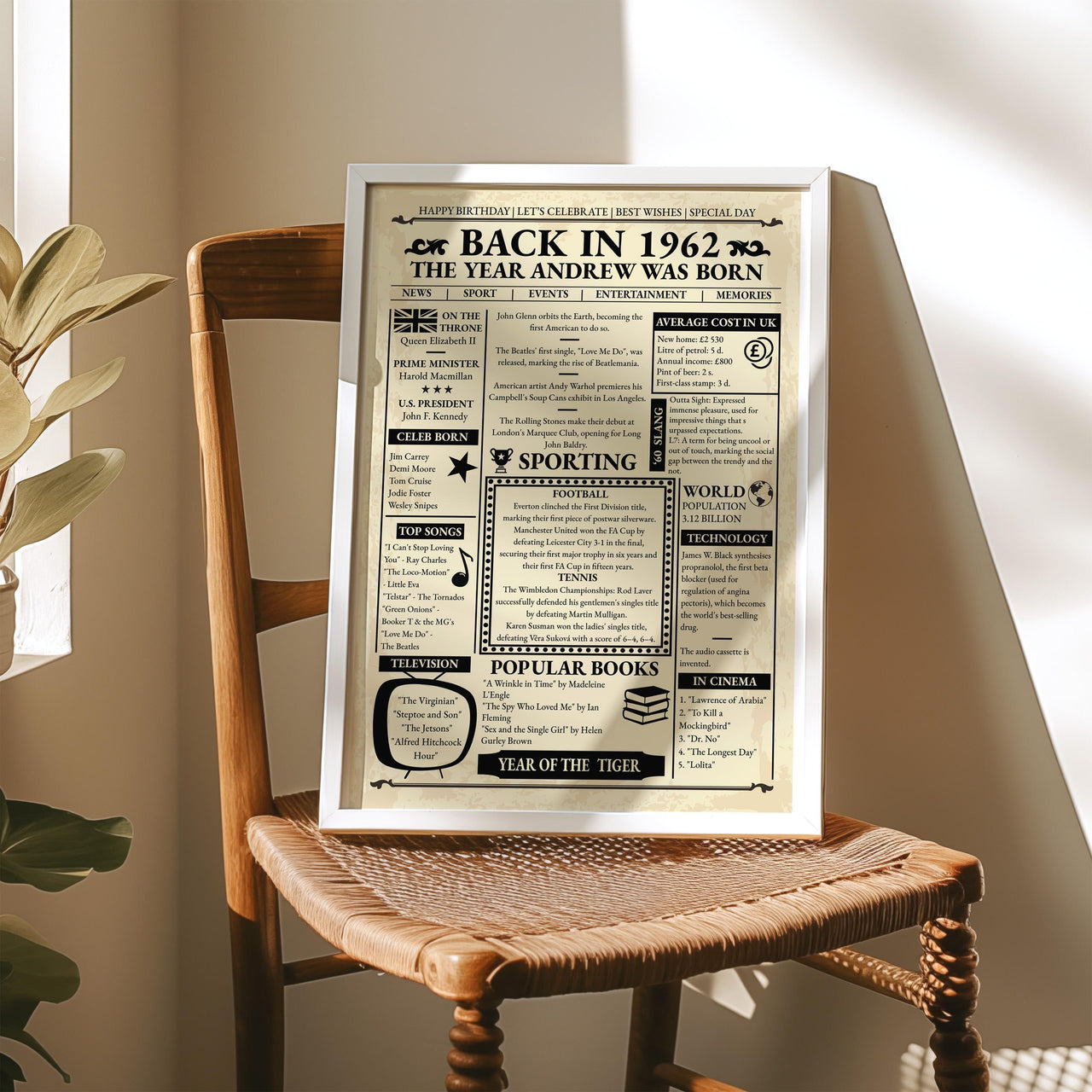 1962 newspaper style birthday poster in a silver frame on a wooden chair with a woven seat