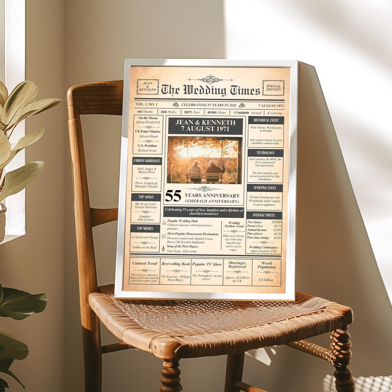 Framed anniversary newspaper print on a woven chair in warm light, couple photo on a swing