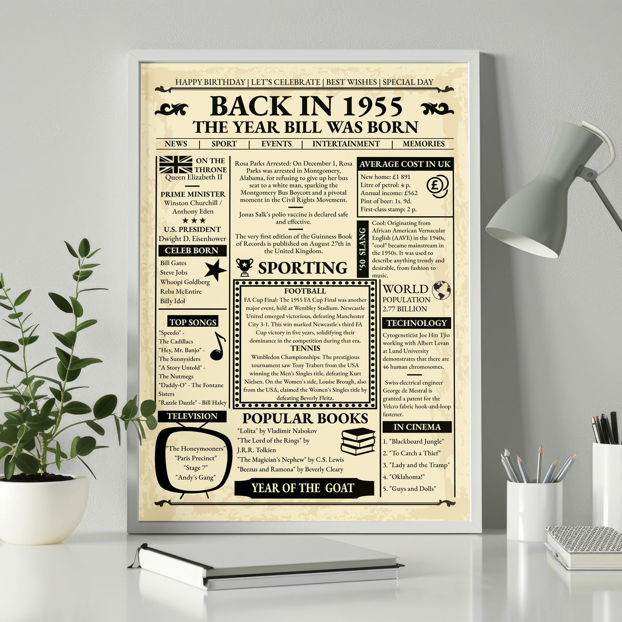 Back in 1955 newspaper style birthday poster framed on a white desk beside a grey lamp, green plant and pencil pot