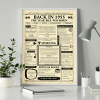 Back in 1955 newspaper style birthday poster framed on a white desk beside a grey lamp, green plant and pencil pot