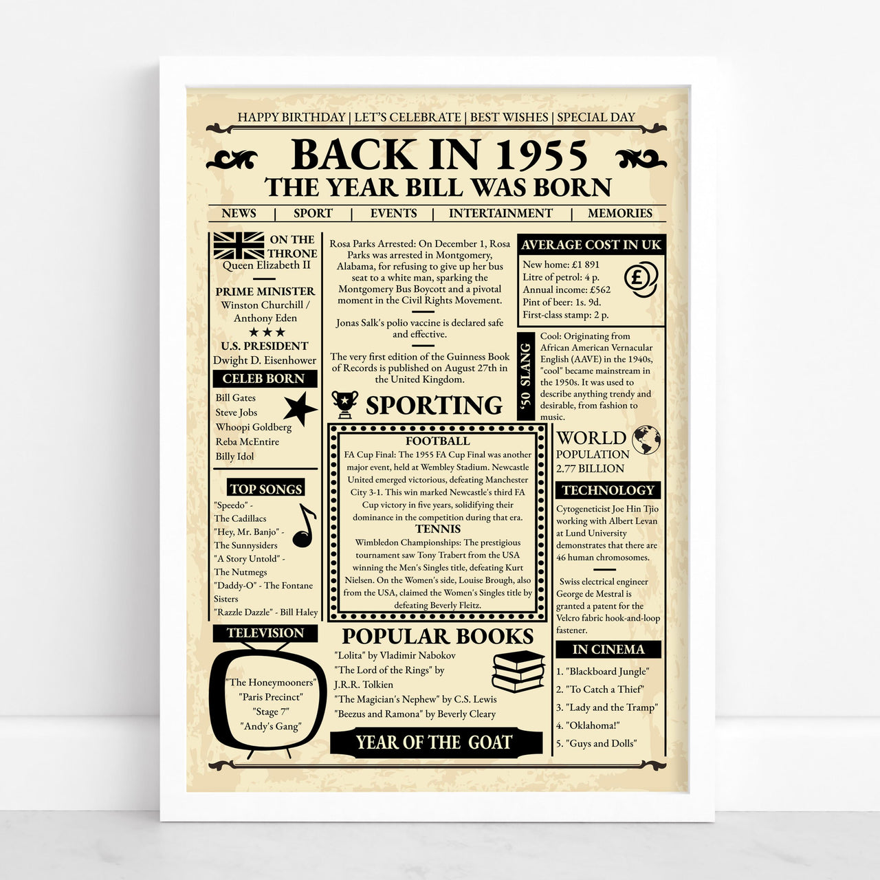 Back in 1955 newspaper style birthday poster in a white frame against a plain white wall