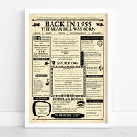 Back in 1955 newspaper style birthday poster in a white frame against a plain white wall