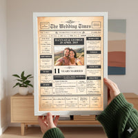 Person in a green jumper holding a white framed anniversary newspaper print with a couple photo and names