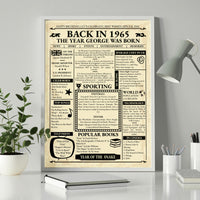 Silver framed 1965 newspaper style birthday print on a white desk beside a plant and lamp, with a name in the headline