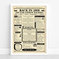Personalised 2008 birthday print with name, news, sport and prices in a white frame