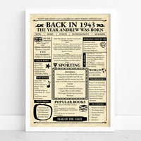 White framed retro newspaper print with year headline and facts columns on a plain background